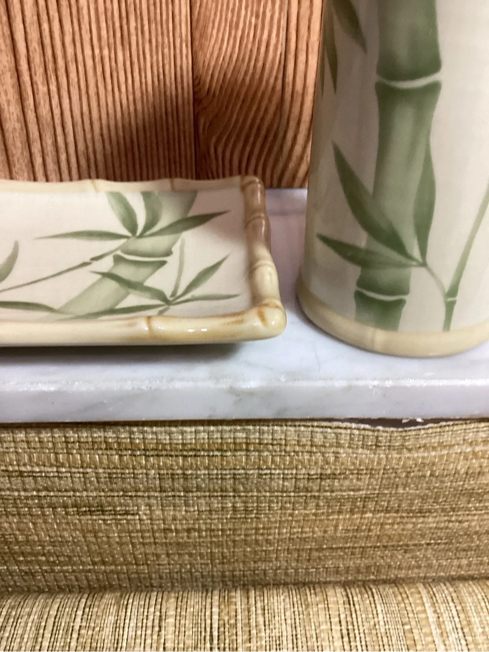 Vintage Croscill Bamboo Motif Ceramic Soap Dish and Cup - Green on Cream